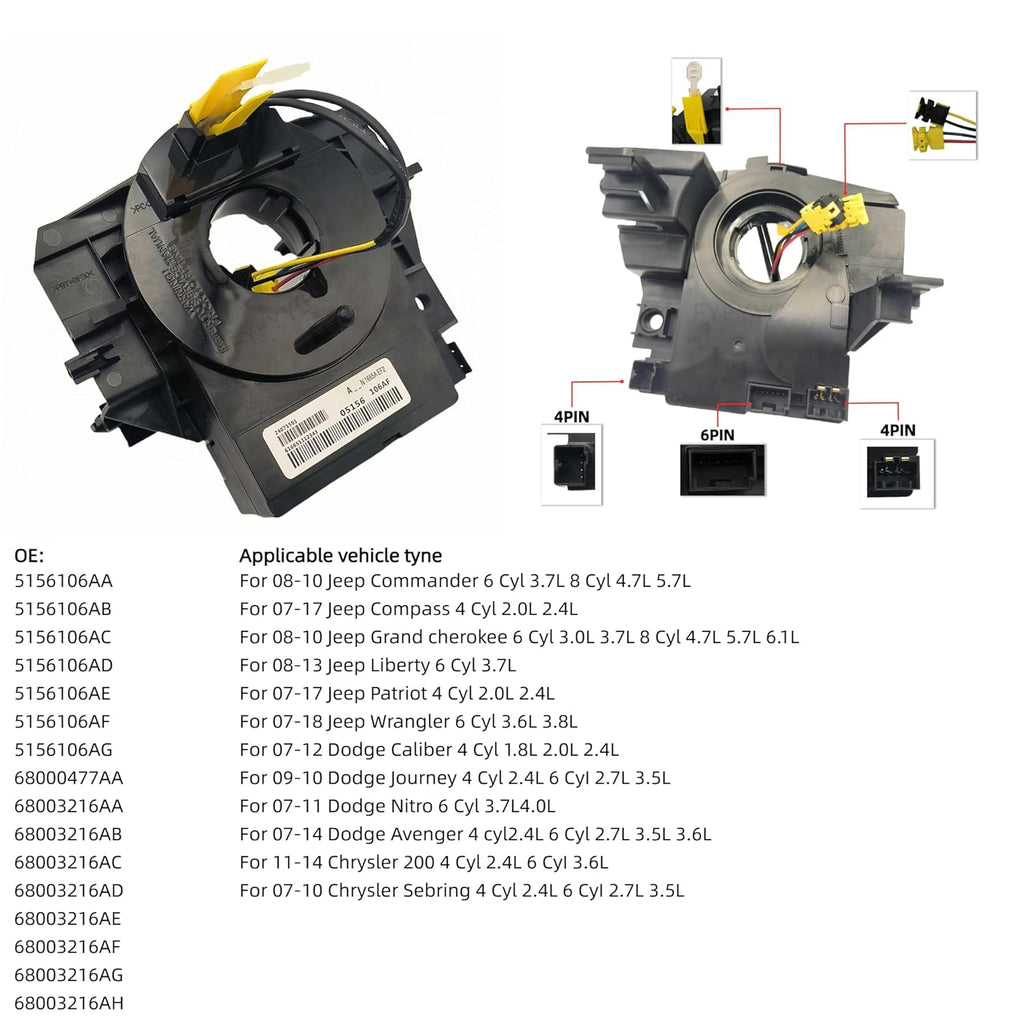 5156106AF Steering Sensor Assembly Clcok Spring Fits 2007-2018 Wrangler JK, Grand Cherokee WK, Patriot MK/Compass MK; Replaces 5156106AG/AA/AB. (with an Angle Sensor)